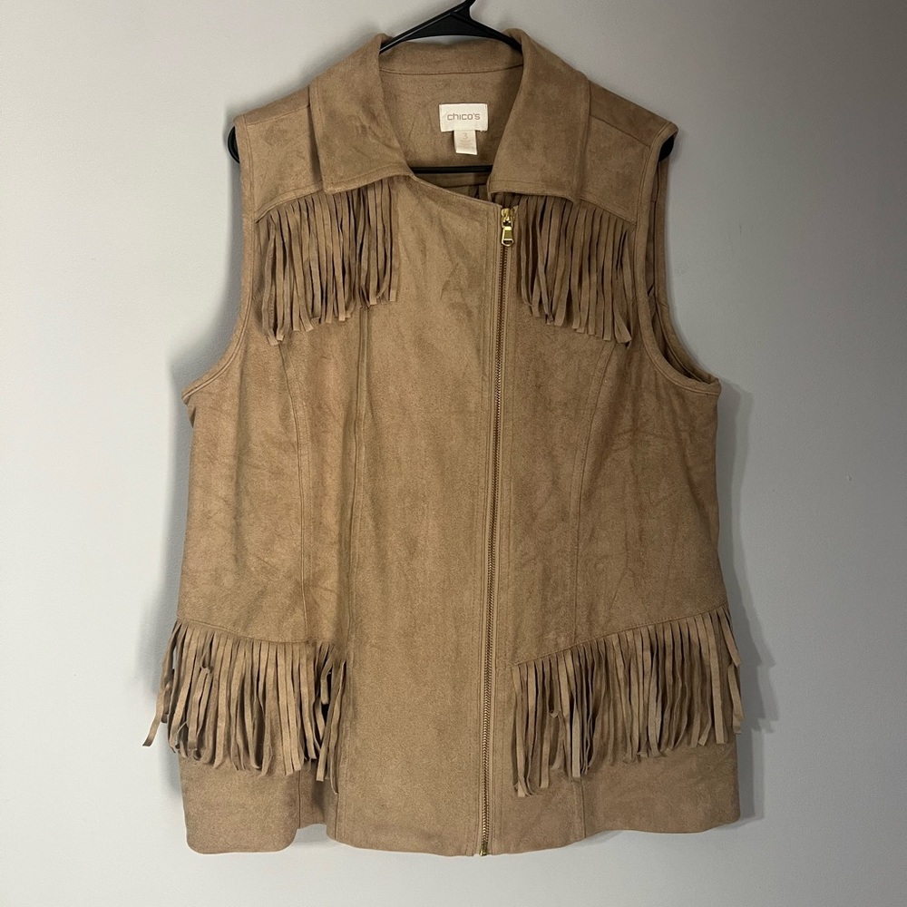 Chicos Womens Faux Suede Moto Zip Front Vest Fringe Detail Tan Size 3